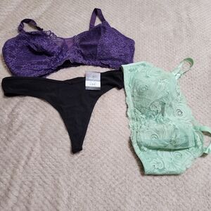 Lace Bralette and Thong Set - Mint Green, Purple, and Black